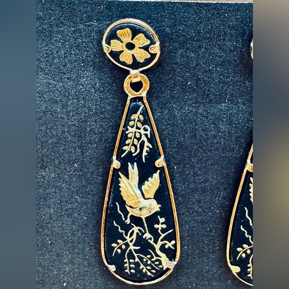 Alia Black and Gold Floral Bird Earrings - Picture 2 of 8